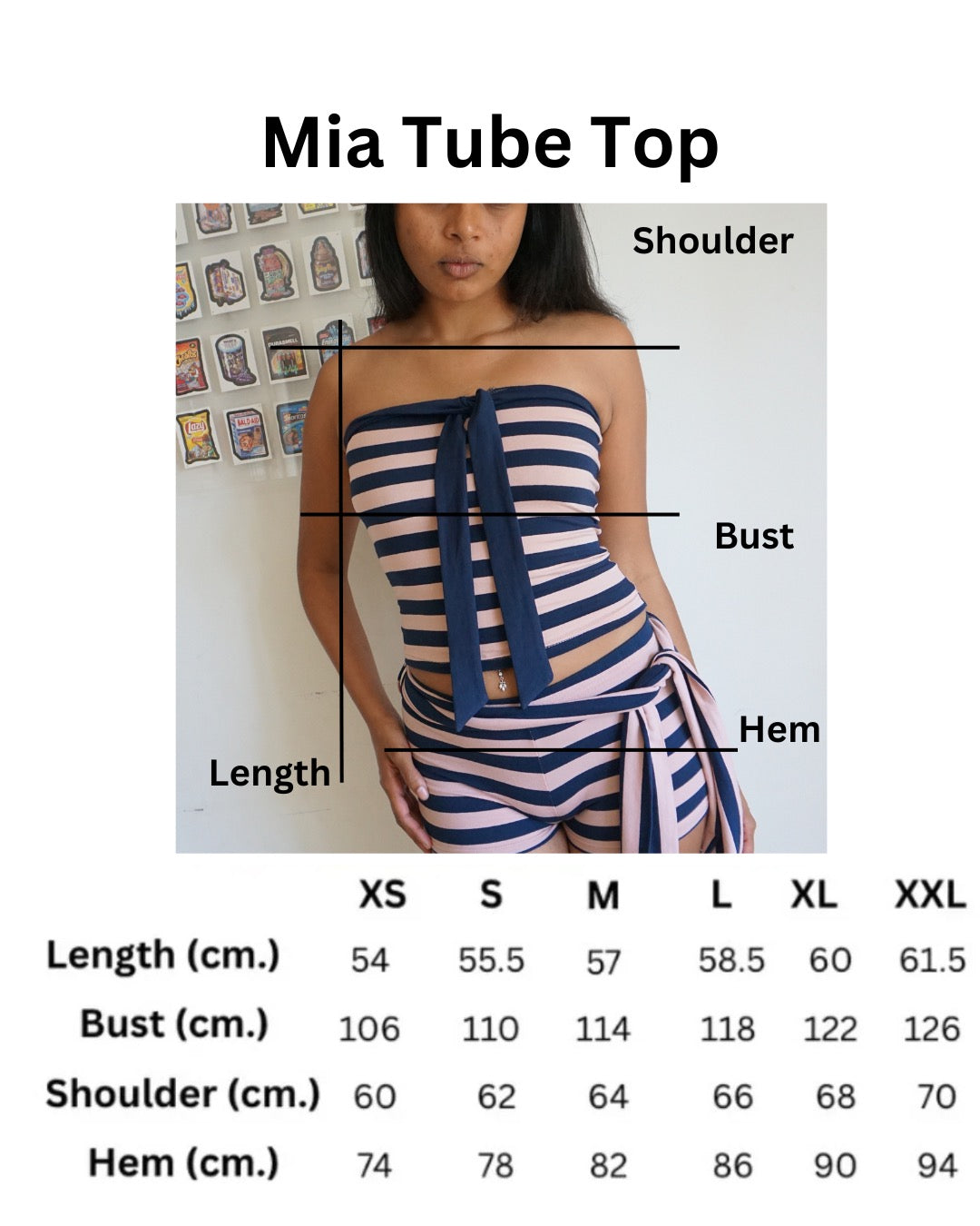 Size chart for pink and navy stripe tube top 