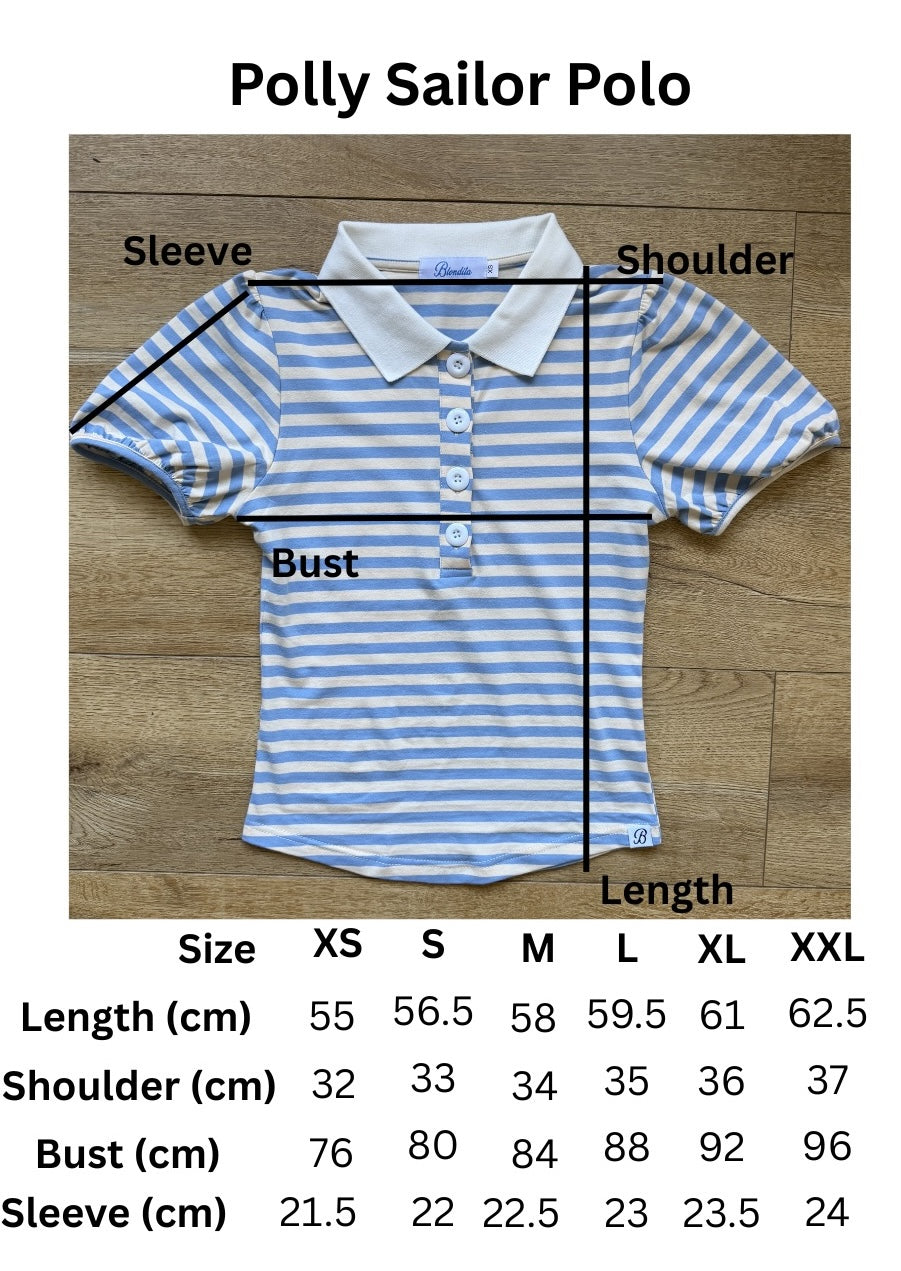 Size chart of light blue and white stripe polo