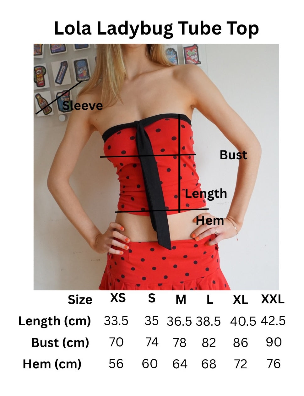 size chart of red tube top with black polka dots and black tie