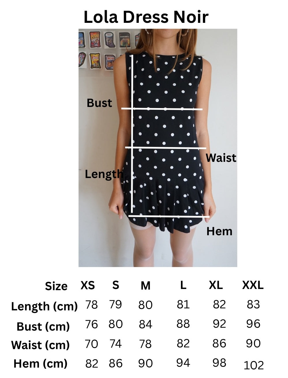 size chart for a drop waist black and white polka dot dress