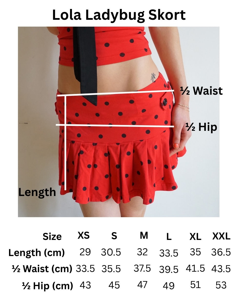 size chart for pleated red skirt with black polka dots and buttons on the side