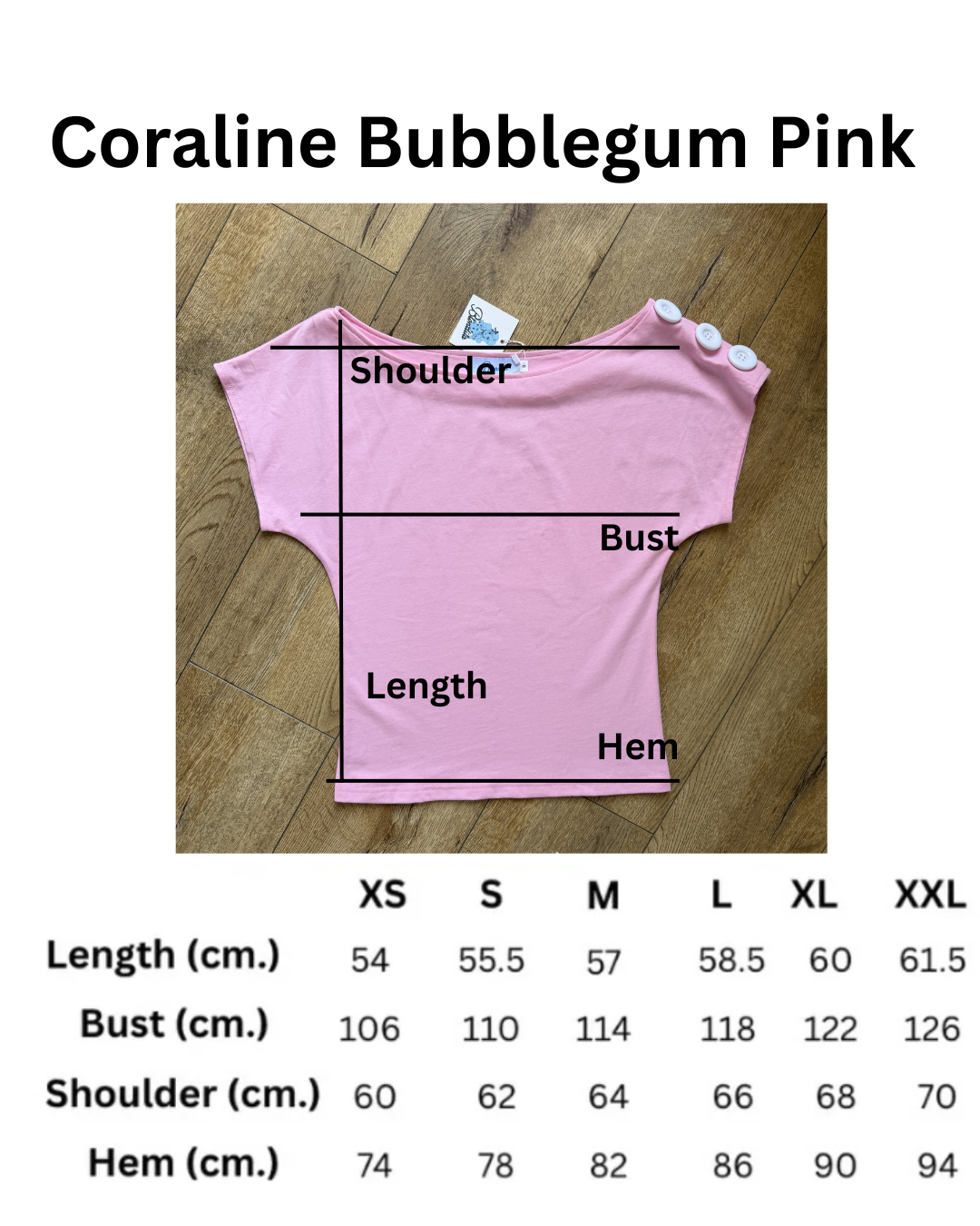size chart for pink t shirt with buttons on the sleeve