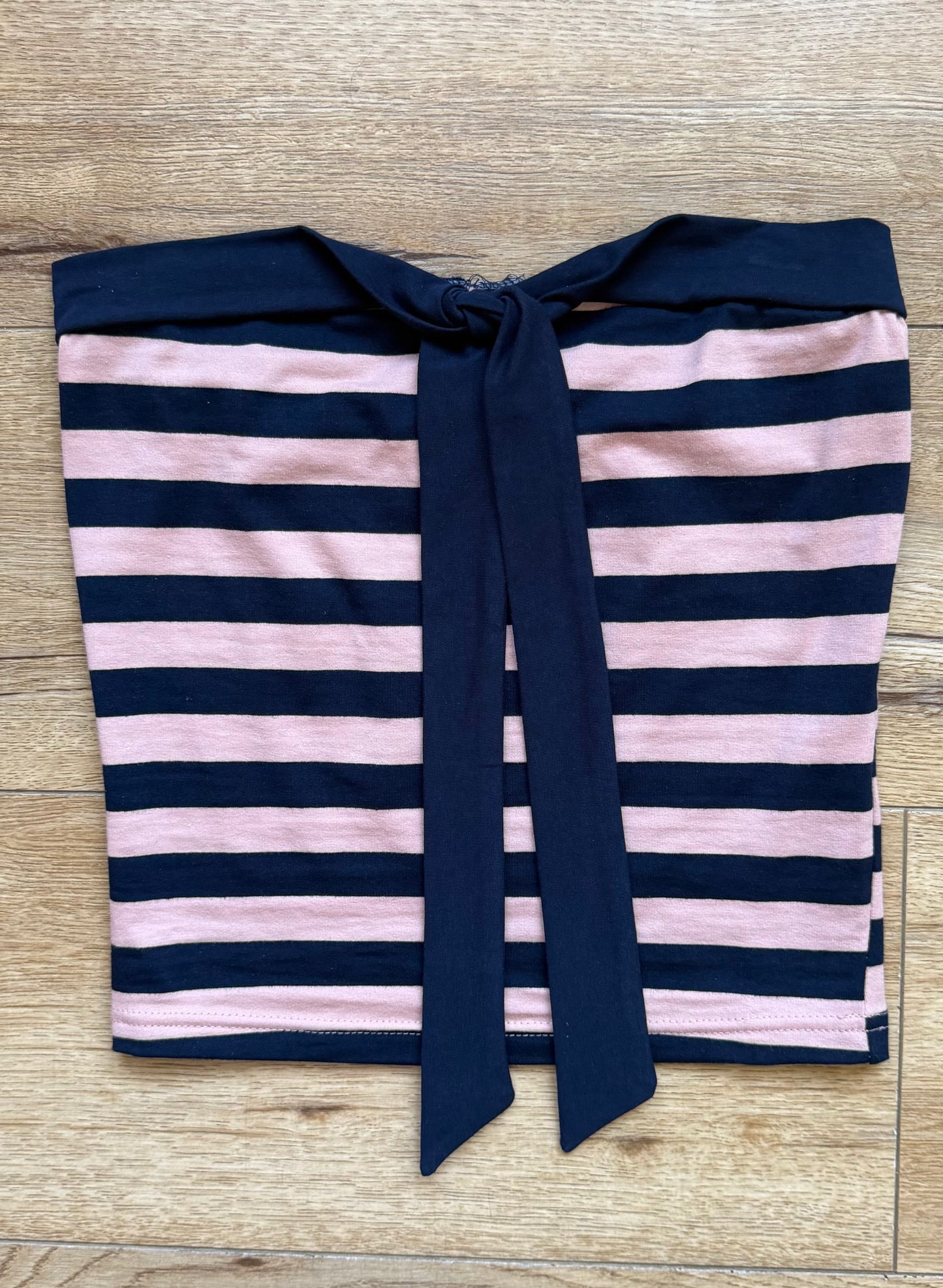 Navy blue and pink stripe tube top with ties in front