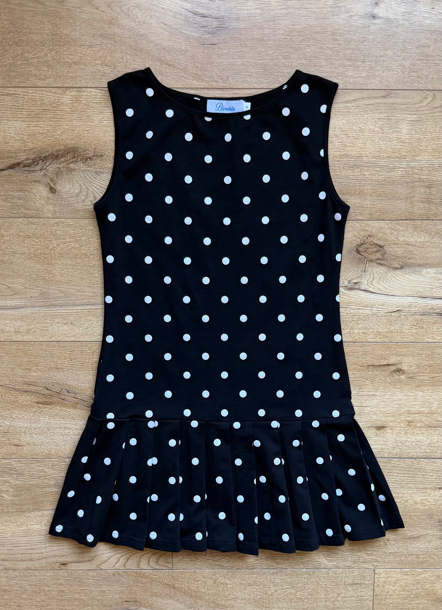 pleated drop waist black and white polka dot dress