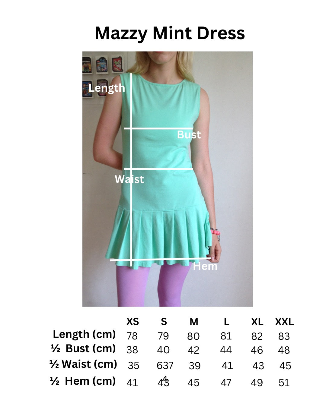 size chart for girl wearing a mint green drop waist pleated dress