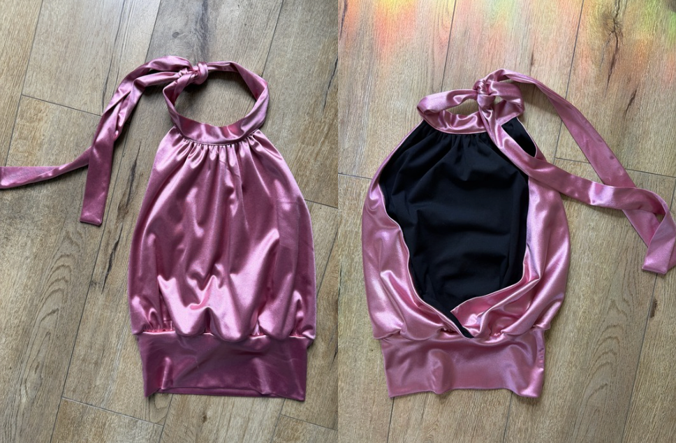 front and back of satin pink halter top 