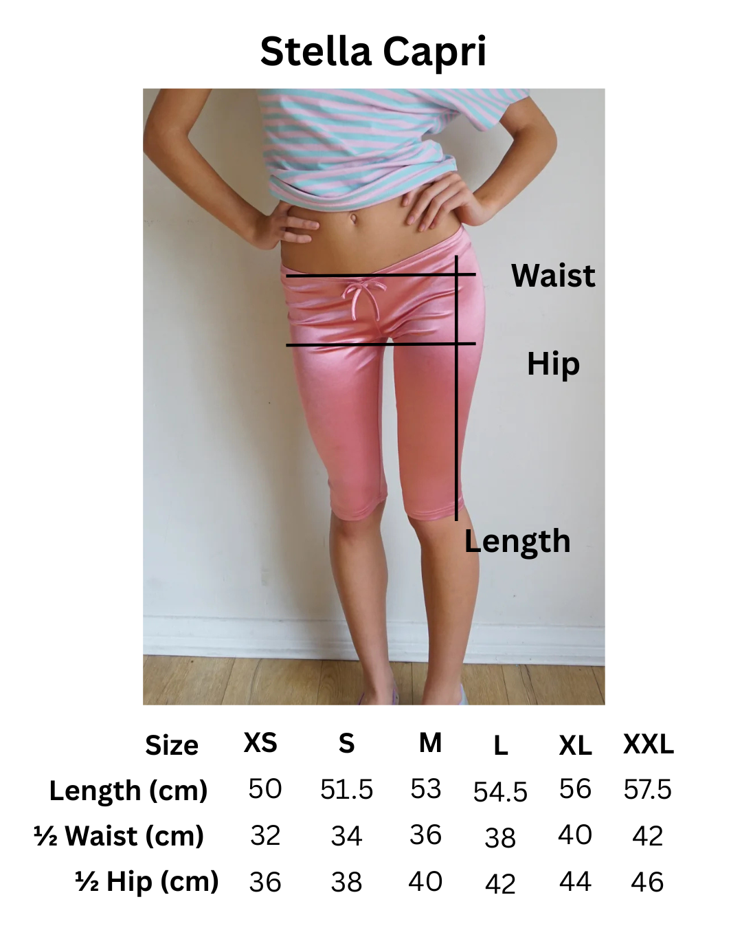 size chart for satin pink capris with a bow 