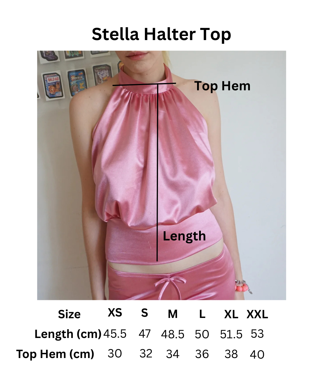 size chart for pink high neck satin halter top